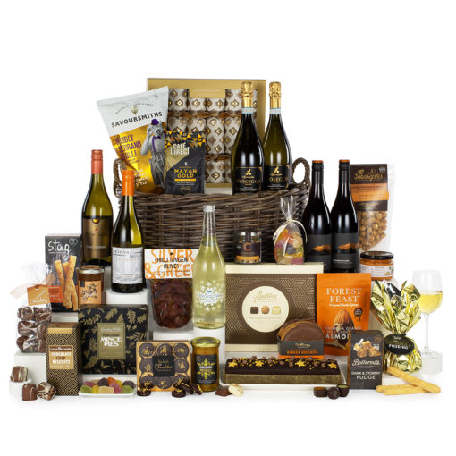 a grand fruit and drink gift basket