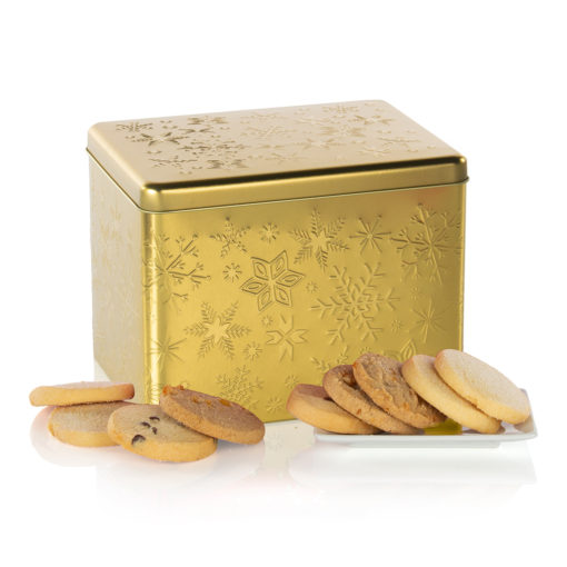 a gold tin and cookies