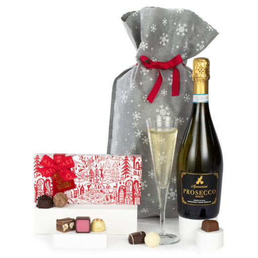 a bottle of prosecco and a box of chocolates