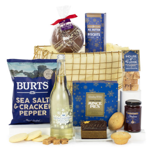 a gift basket with treats and snacks