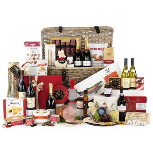 a grand and luxurious gift basket with snacks, food, drinks, wine and more